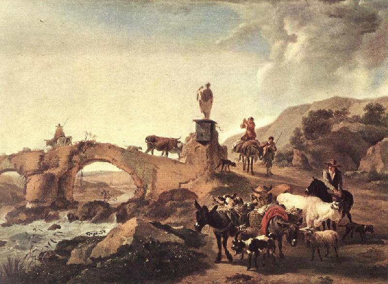 BERCHEM, Nicolaes Italian Landscape with Bridge  ddd oil painting image